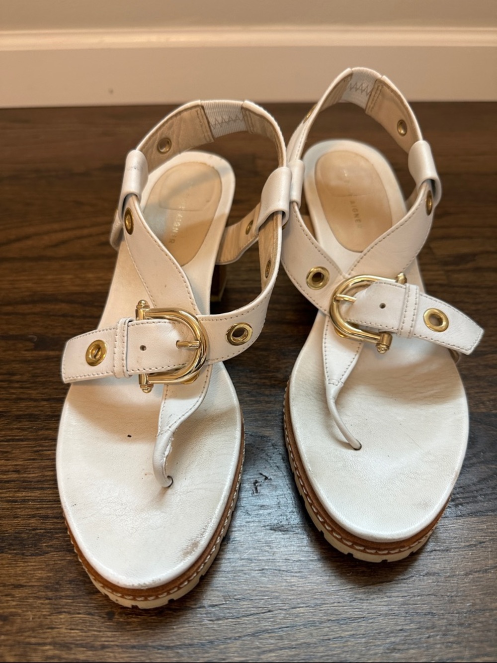 Etienne Aigner White Thong Sandals with Gold Buckles
